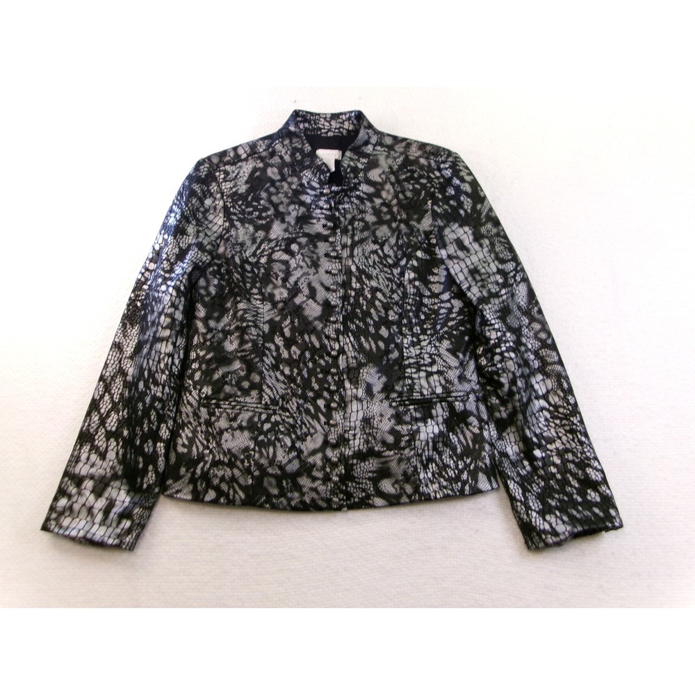 Chicos Womens Silver Black Snakeskin Lace Blazer Jacket Mock Neck Size 0 XS